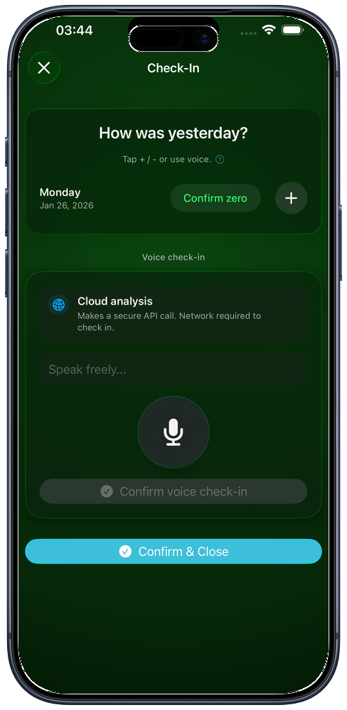 iPhone showing voice check-in making tracking effortless